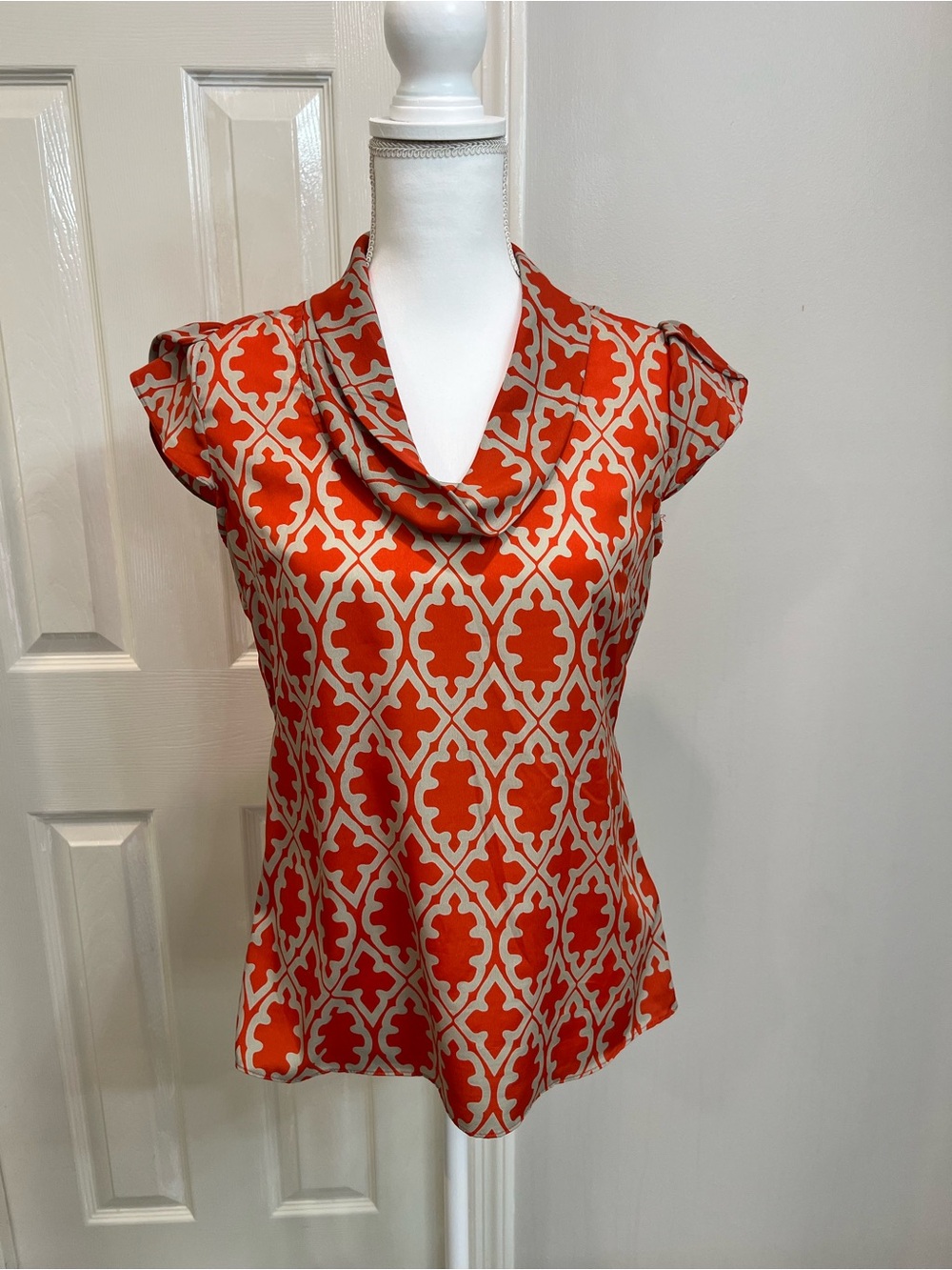 Banana Republic Women Small Orange Tan Geometric Cowl Neck Cap Sleeve Blouse Top